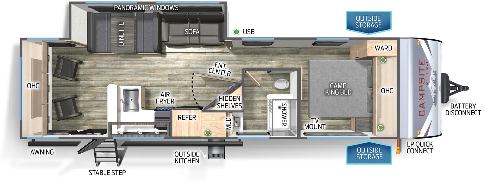 The Campsite Reserve 26RM floorplan has one entry and one slide out. Exterior features include: metal exterior and outside kitchen. Interiors features include: front bedroom and rear living.